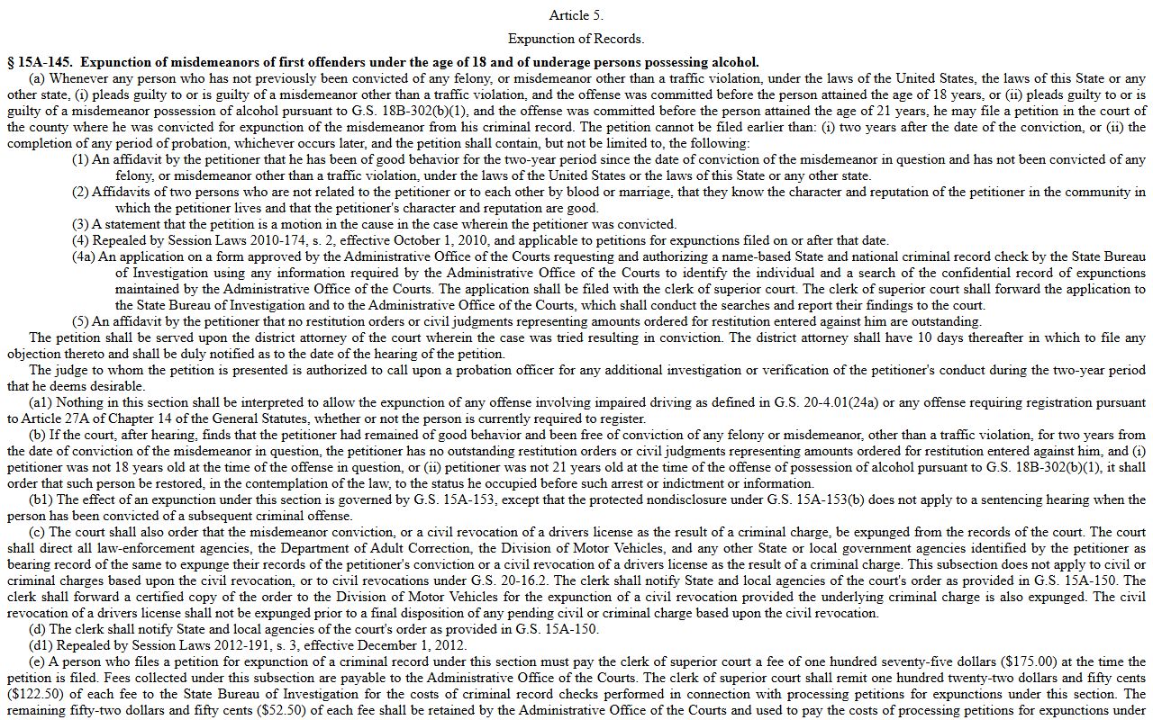 Moore County criminal court records North Carolina expunction statutes