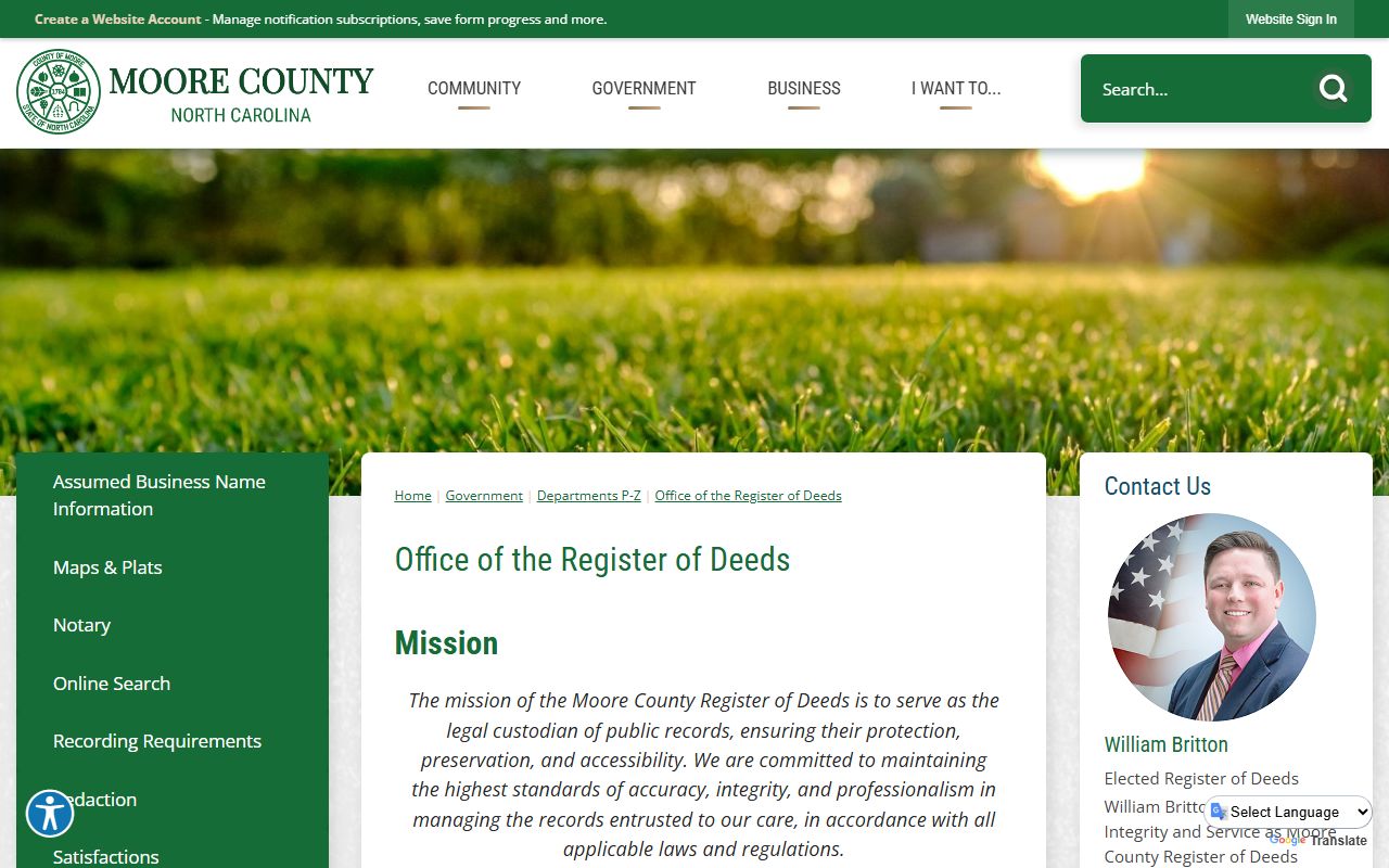 Moore County marriage and divorce records Register of Deeds page