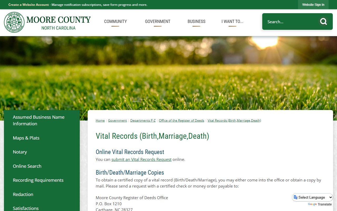 Moore County marriage and divorce records vital records instructions